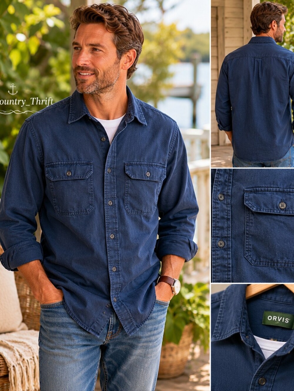 Orvis Medium Cotton Twill Utility Work Shirt Blue Button Front Outdoor Mens